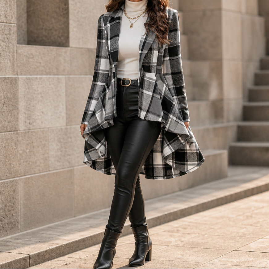 Women's Plaid Peplum Coat | Cinched Waist & Flared Hem