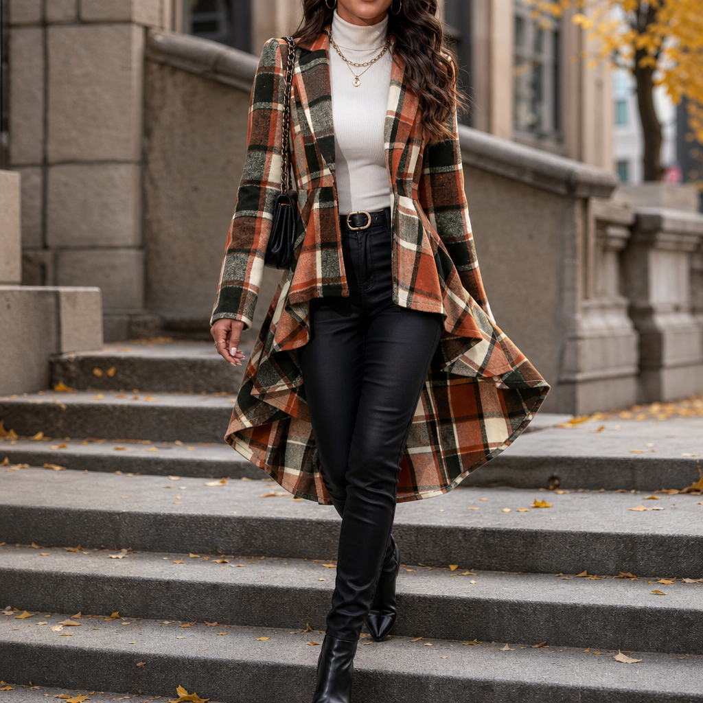 Women's Plaid Peplum Coat | Cinched Waist & Flared Hem