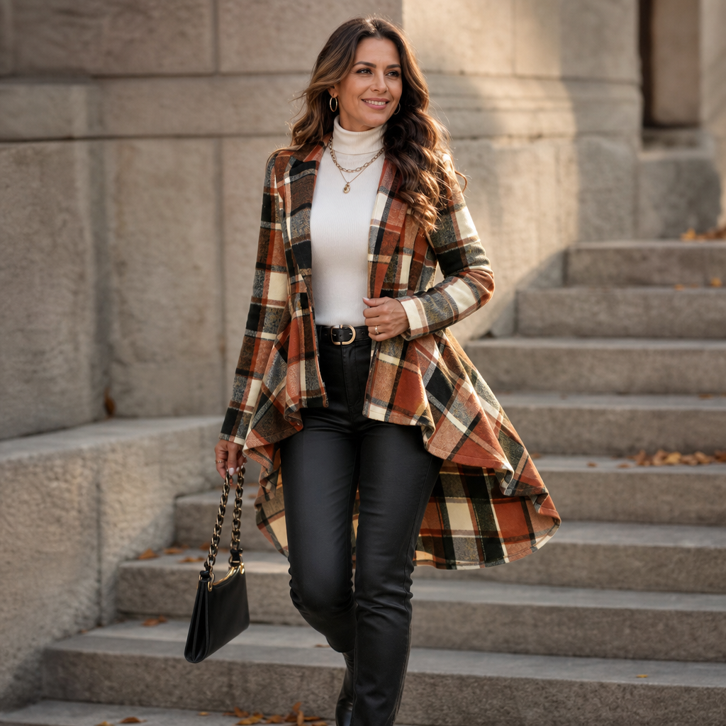 Women's Plaid Peplum Coat | Cinched Waist & Flared Hem