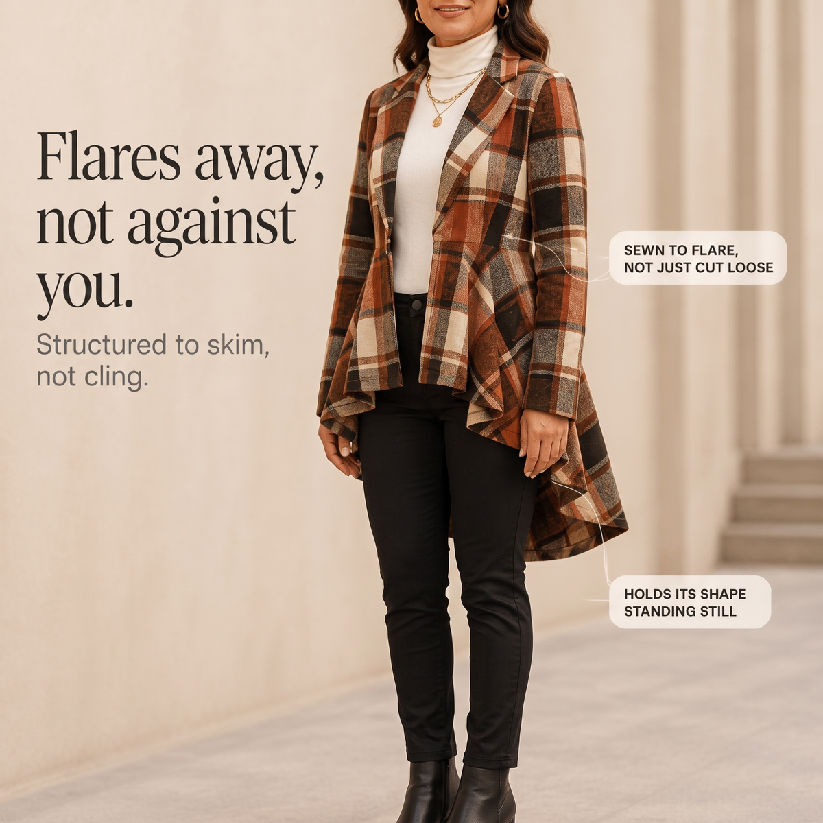 Women's Plaid Peplum Coat | Cinched Waist & Flared Hem