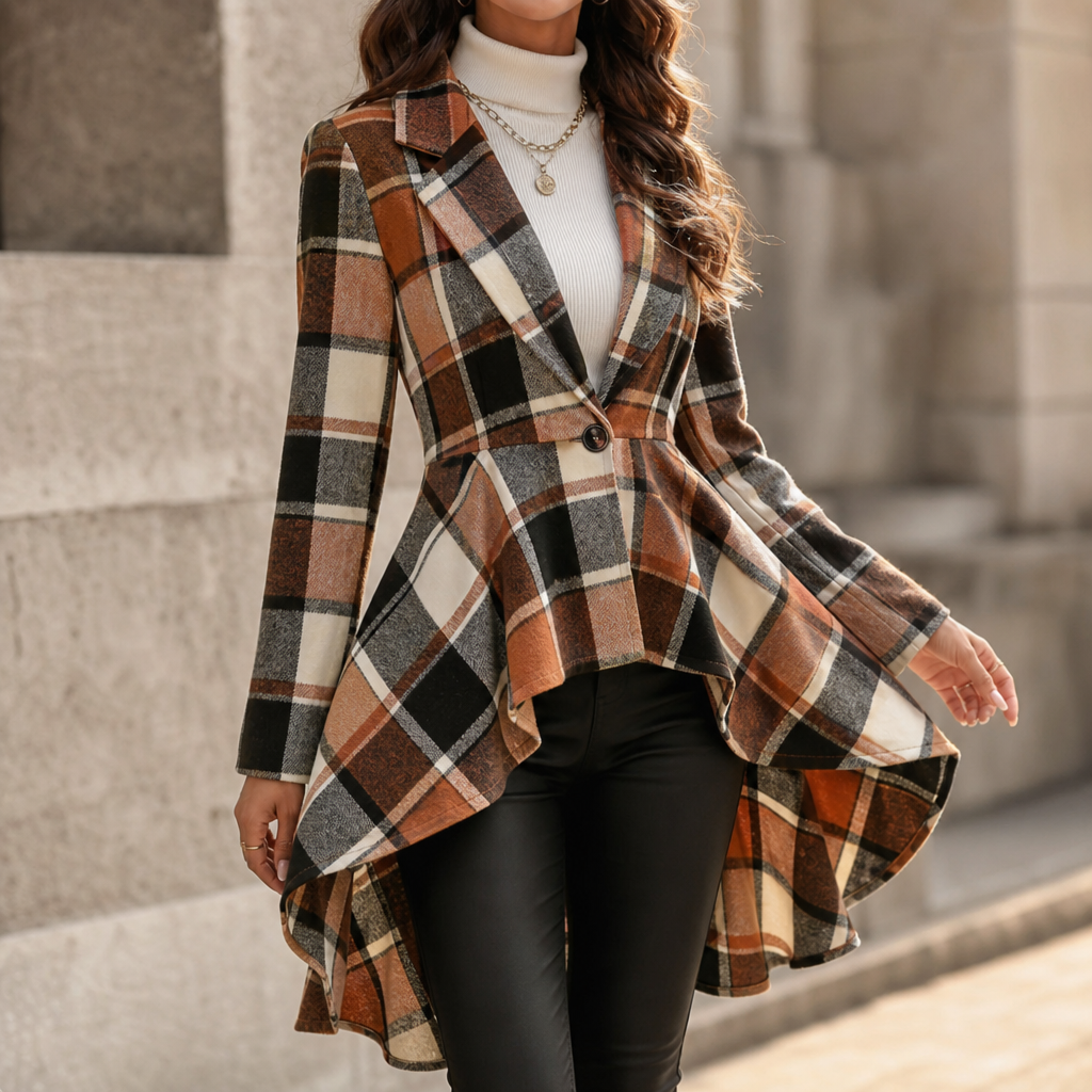 Women's Plaid Peplum Coat | Cinched Waist & Flared Hem