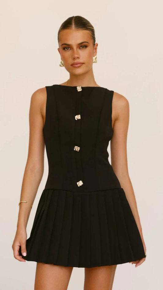 Women's Pleated Mini Dress | Gold Buttons & Sleeveless Smart Occasion