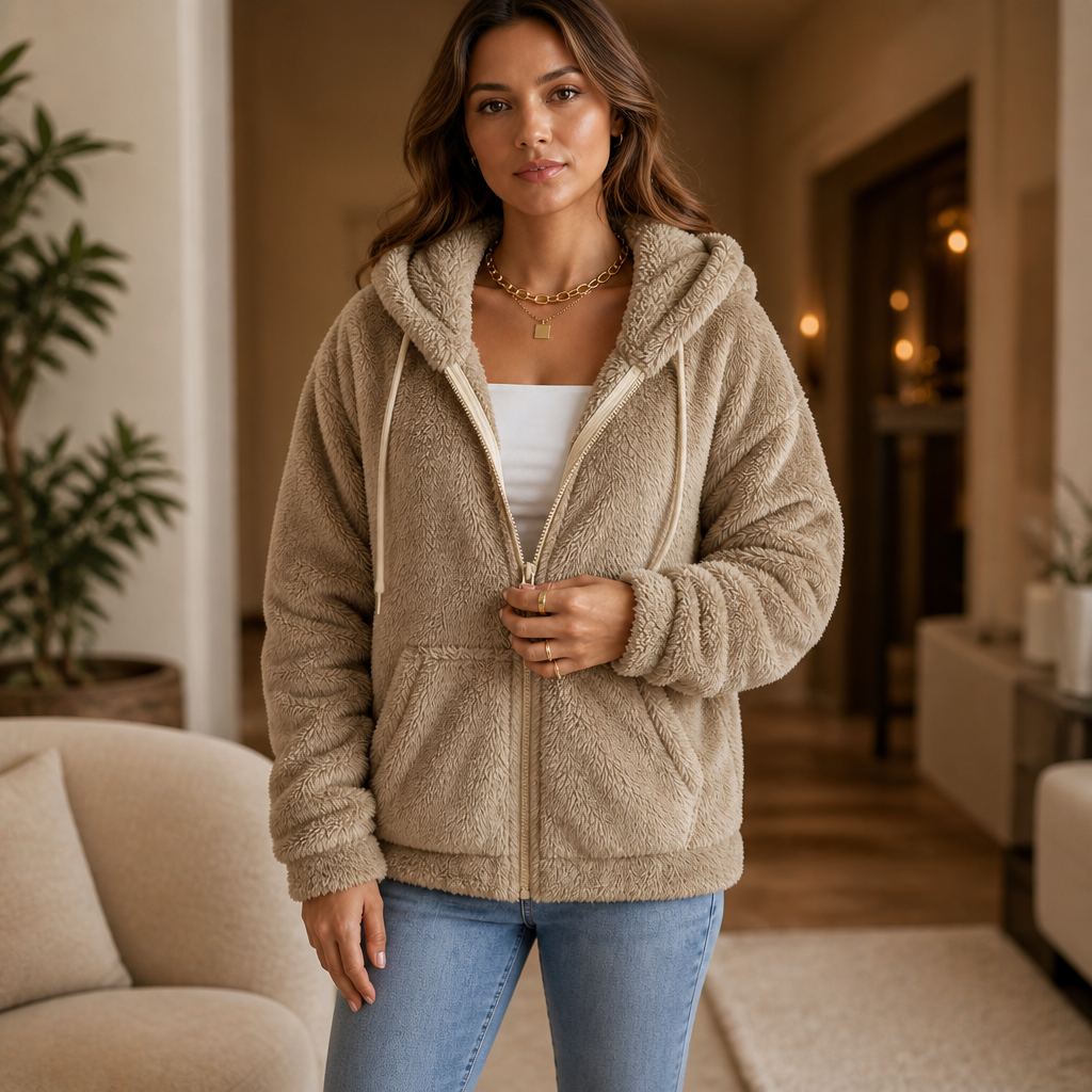 Women's Plush Hooded Zip-Up Jacket | Warm & Lightweight