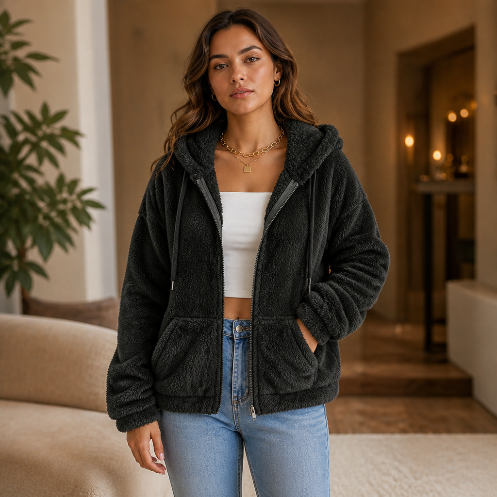 Women's Plush Hooded Zip-Up Jacket | Warm & Lightweight