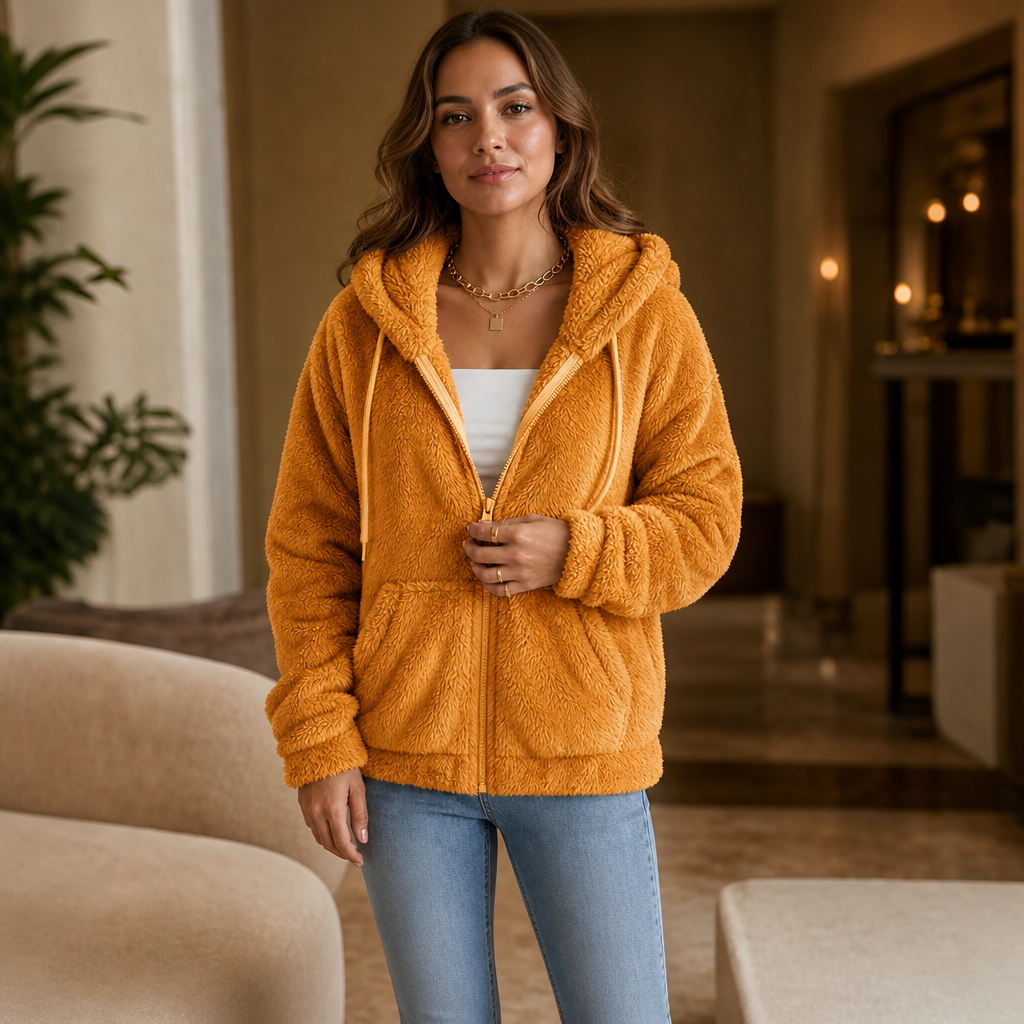 Women's Plush Hooded Zip-Up Jacket | Warm & Lightweight