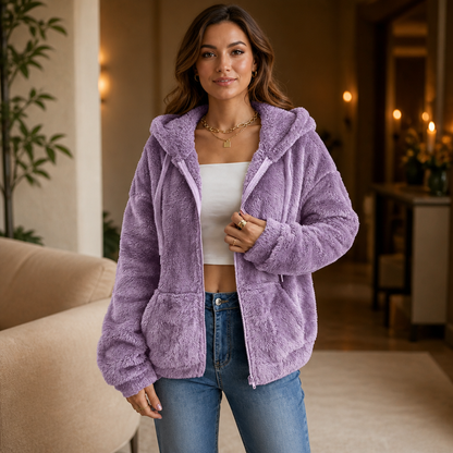 Women's Plush Hooded Zip-Up Jacket | Warm & Lightweight