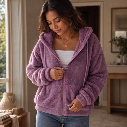 Women's Plush Hooded Zip-Up Jacket | Warm & Lightweight