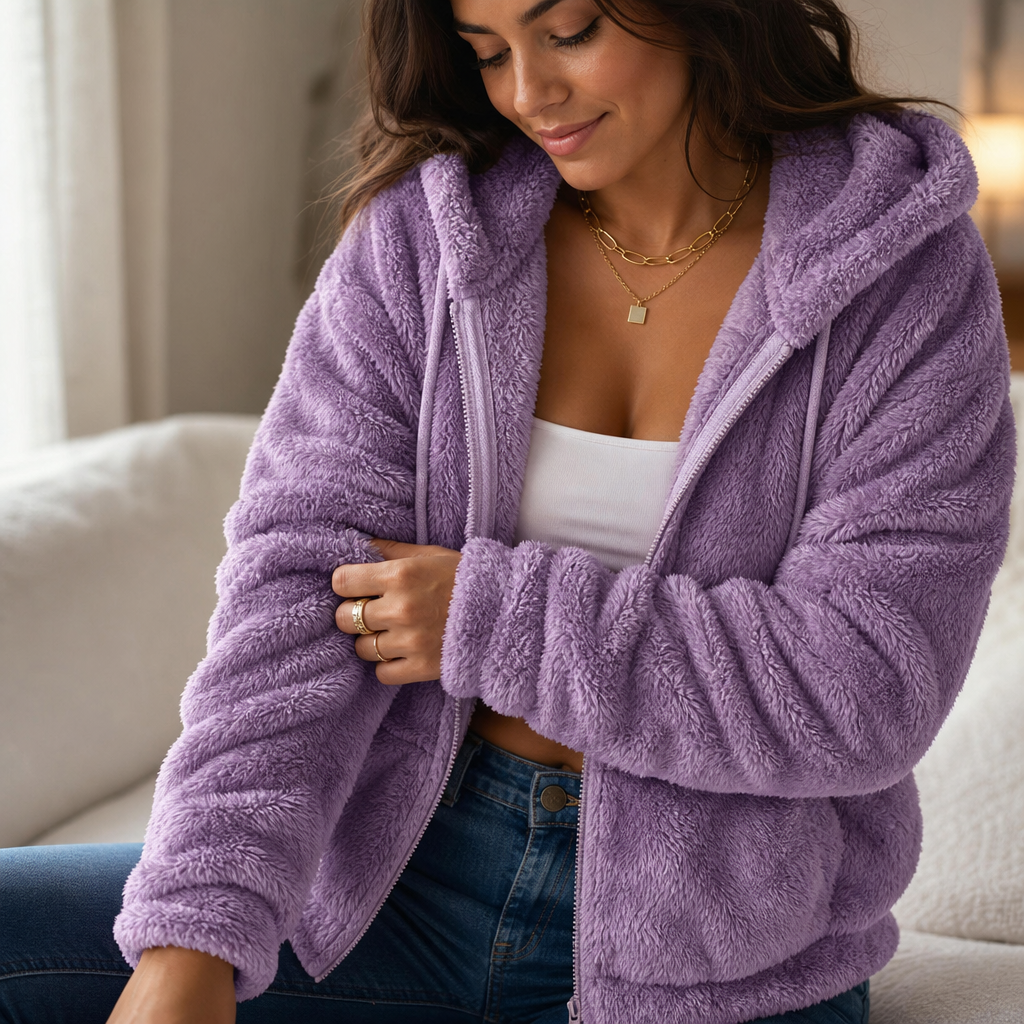 Women's Plush Hooded Zip-Up Jacket | Warm & Lightweight