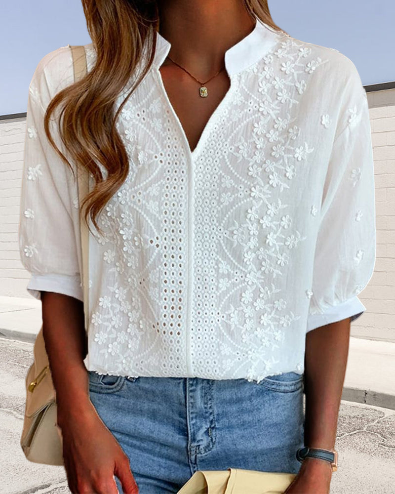 Women's Puff Sleeve Blouse | Floral Broderie Embroidery & V-Neckline