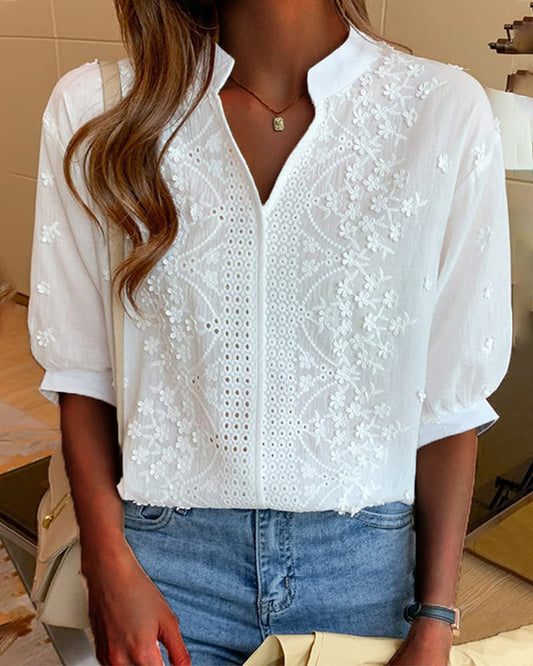 Women's Puff Sleeve Blouse | Floral Broderie Embroidery & V-Neckline