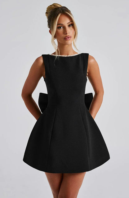 Women's Short Dress | Pearl Trim Neckline & Statement Back Bow Detail