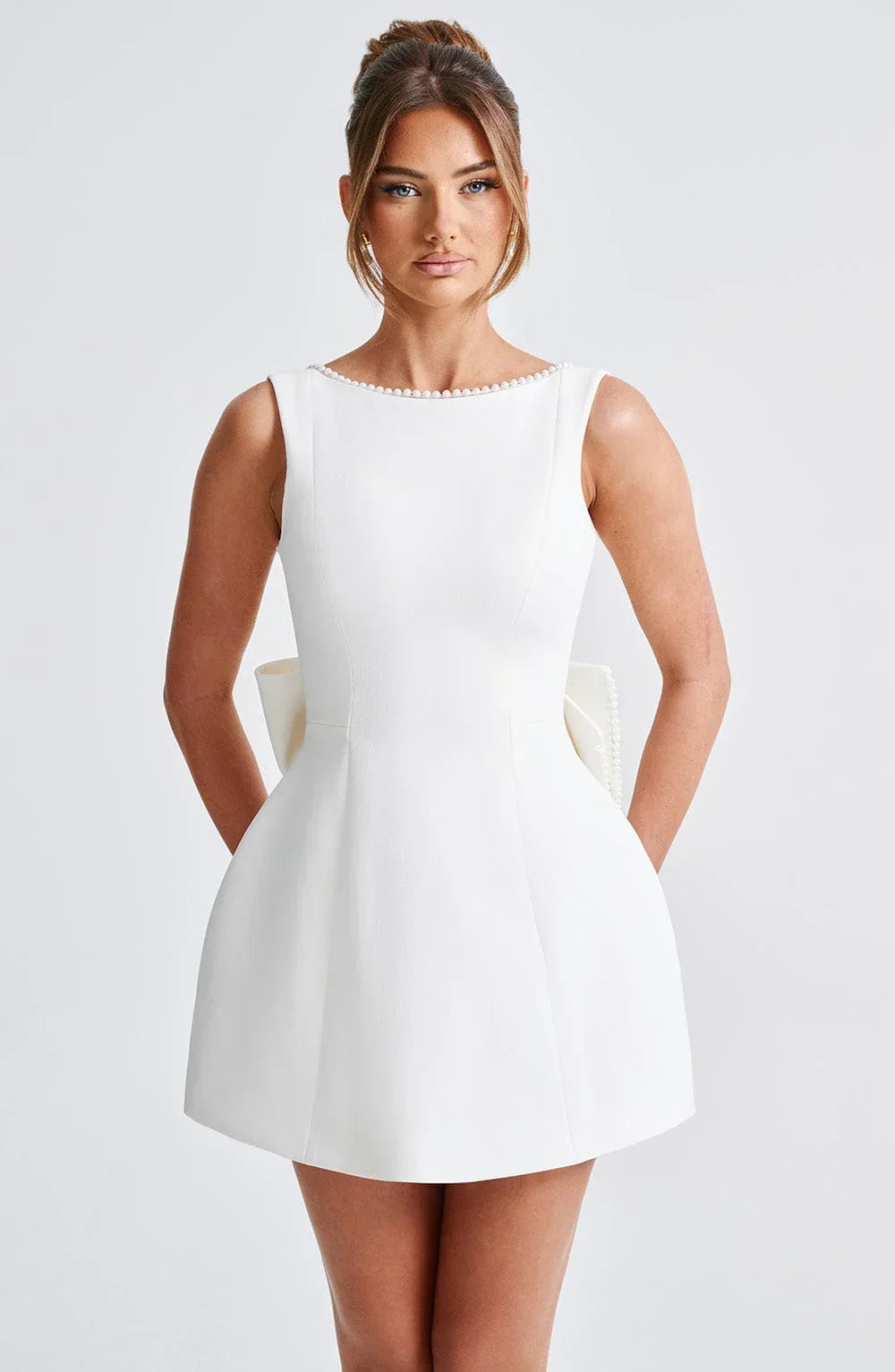 Women's Short Dress | Pearl Trim Neckline & Statement Back Bow Detail