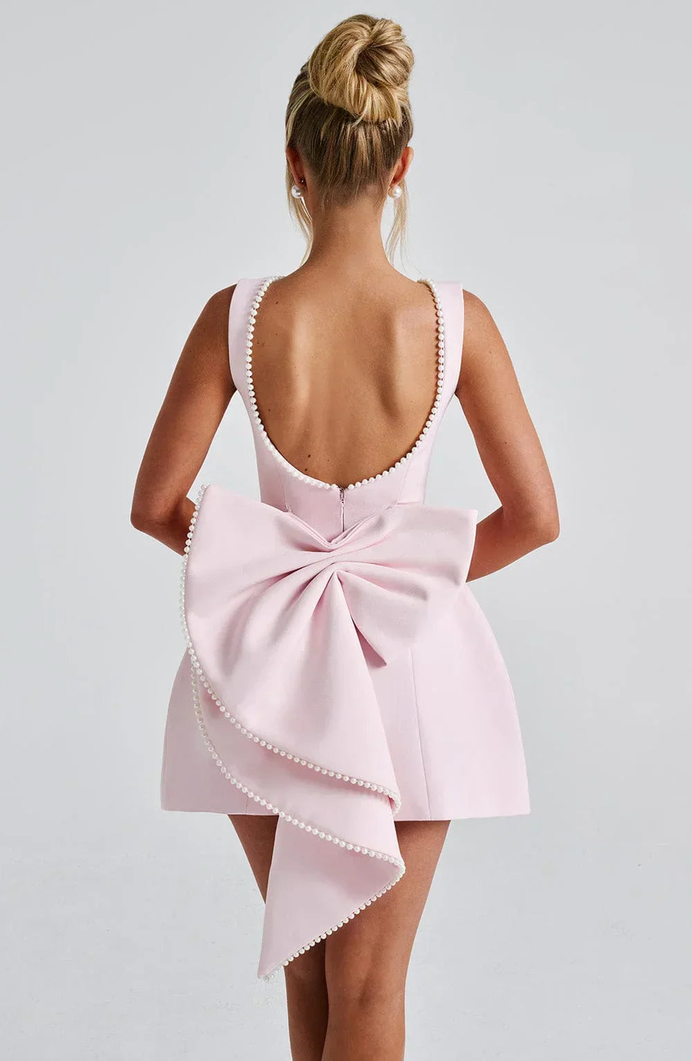 Women's Short Dress | Pearl Trim Neckline & Statement Back Bow Detail