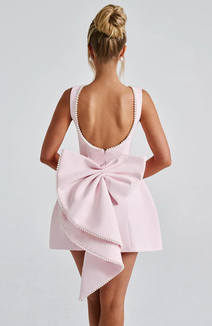 Women's Short Dress | Pearl Trim Neckline & Statement Back Bow Detail