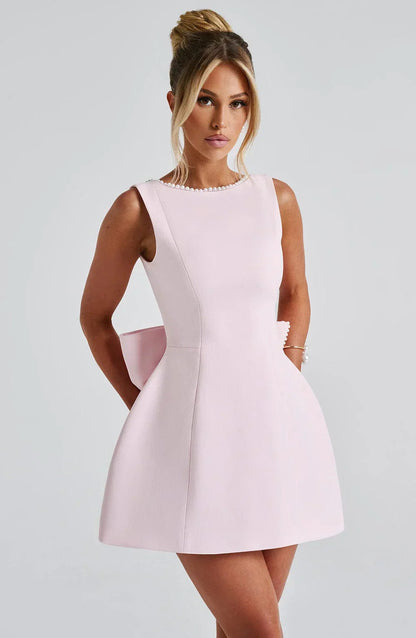 Women's Short Dress | Pearl Trim Neckline & Statement Back Bow Detail