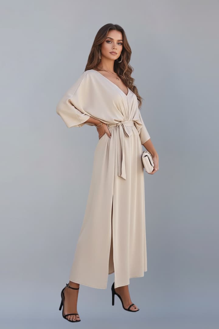 Women's Short Sleeve Maxi Dress | V-Neck & Waist Tie Elegant Style