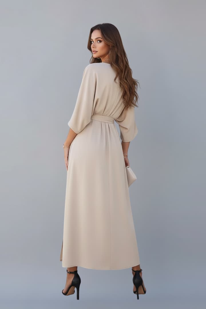 Women's Short Sleeve Maxi Dress | V-Neck & Waist Tie Elegant Style