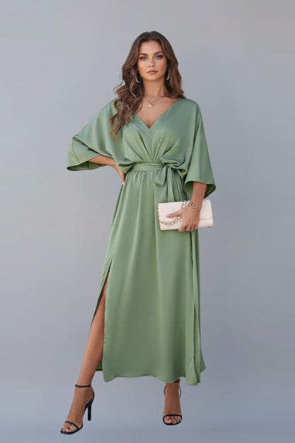 Women's Short Sleeve Maxi Dress | V-Neck & Waist Tie Elegant Style