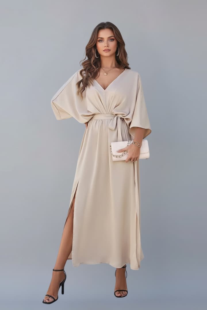 Women's Short Sleeve Maxi Dress | V-Neck & Waist Tie Elegant Style