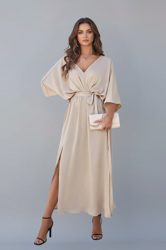 Women's Short Sleeve Maxi Dress | V-Neck & Waist Tie Elegant Style