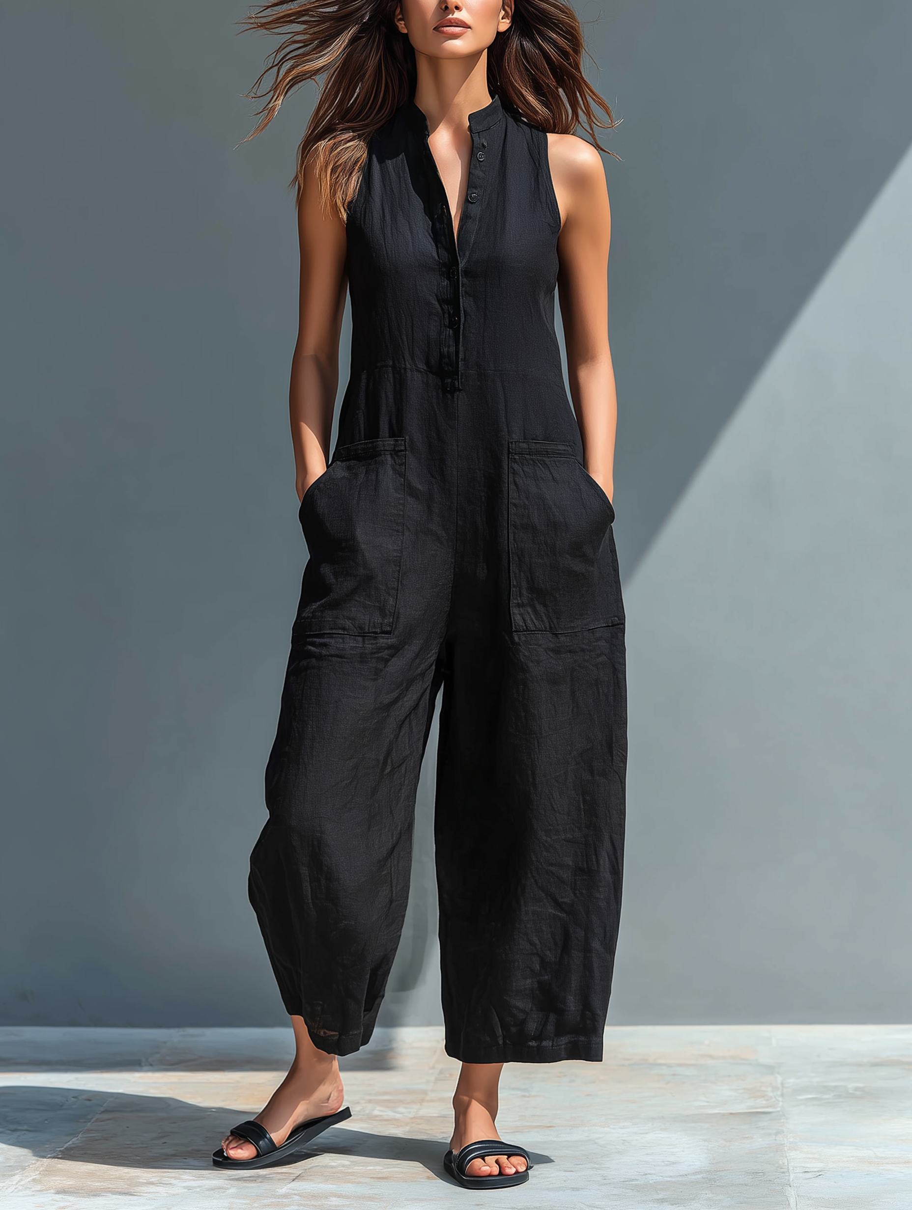 Women's Sleeveless Jumpsuit | Mandarin Collar & Relaxed Fit
