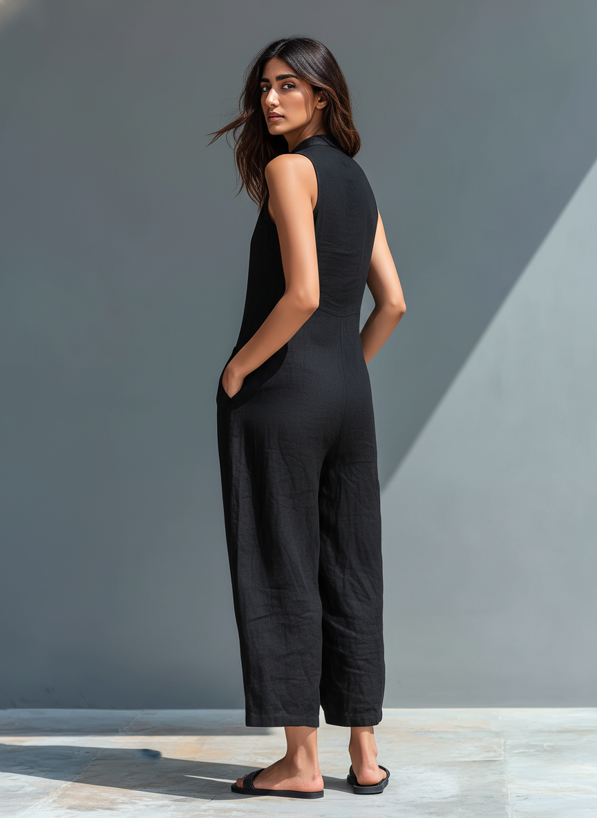 Women's Sleeveless Jumpsuit | Mandarin Collar & Relaxed Fit