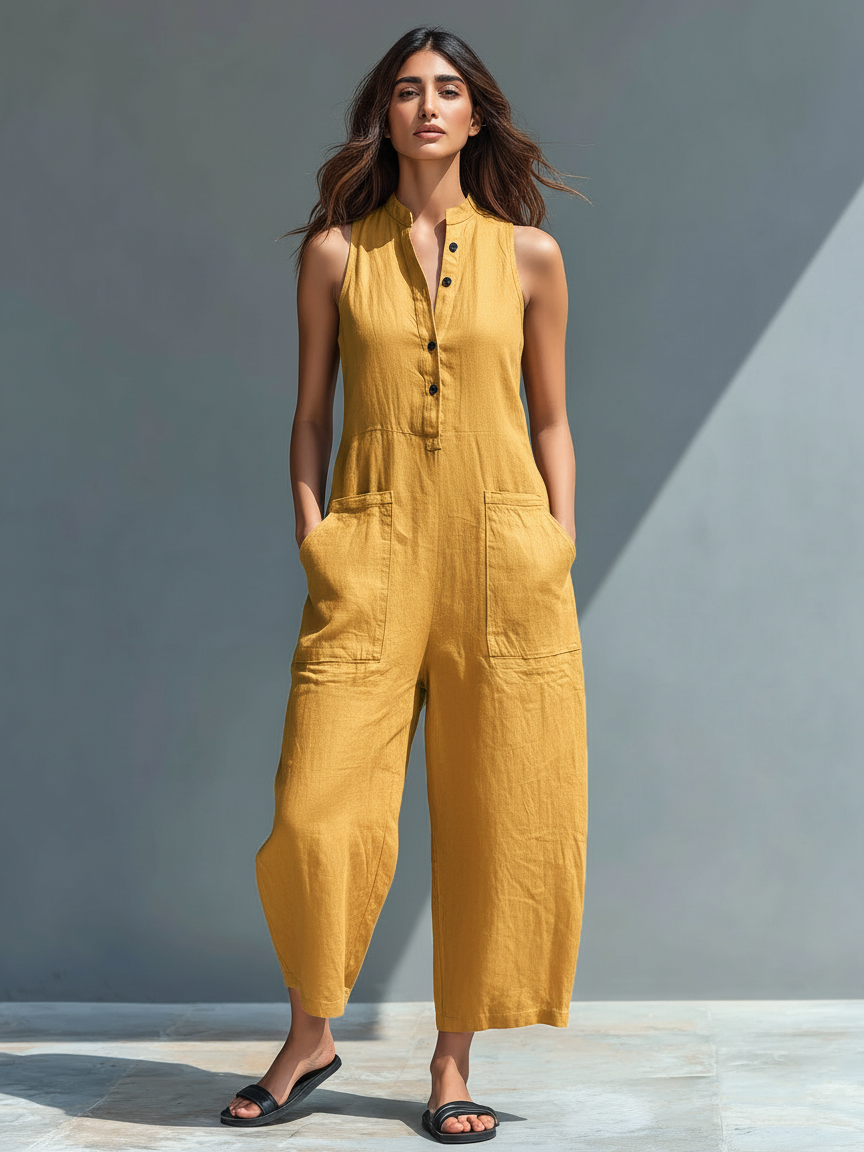 Women's Sleeveless Jumpsuit | Mandarin Collar & Relaxed Fit