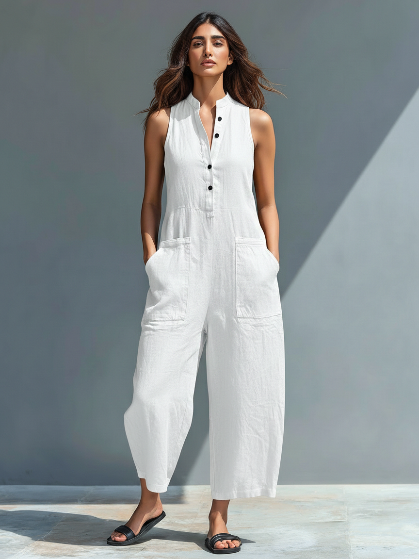 Women's Sleeveless Jumpsuit | Mandarin Collar & Relaxed Fit