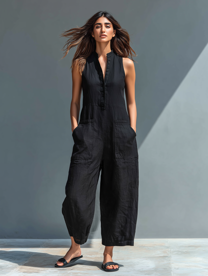 Women's Sleeveless Jumpsuit | Mandarin Collar & Relaxed Fit