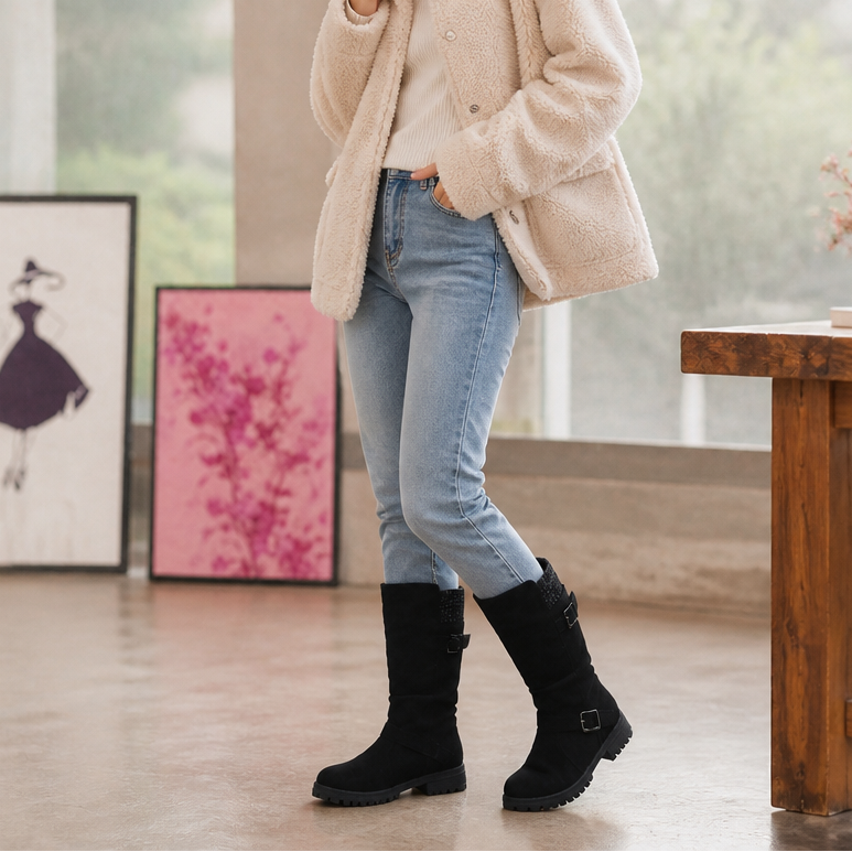 Women's Slouch Boots Mid-Calf Grip Sole Pull-On Ribbed Cuff