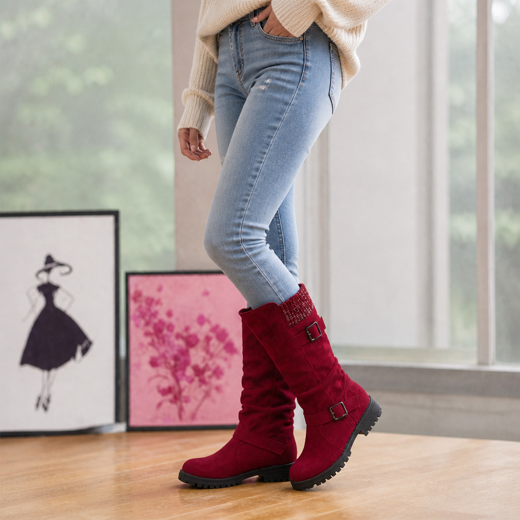 Women's Slouch Boots Mid-Calf Grip Sole Pull-On Ribbed Cuff