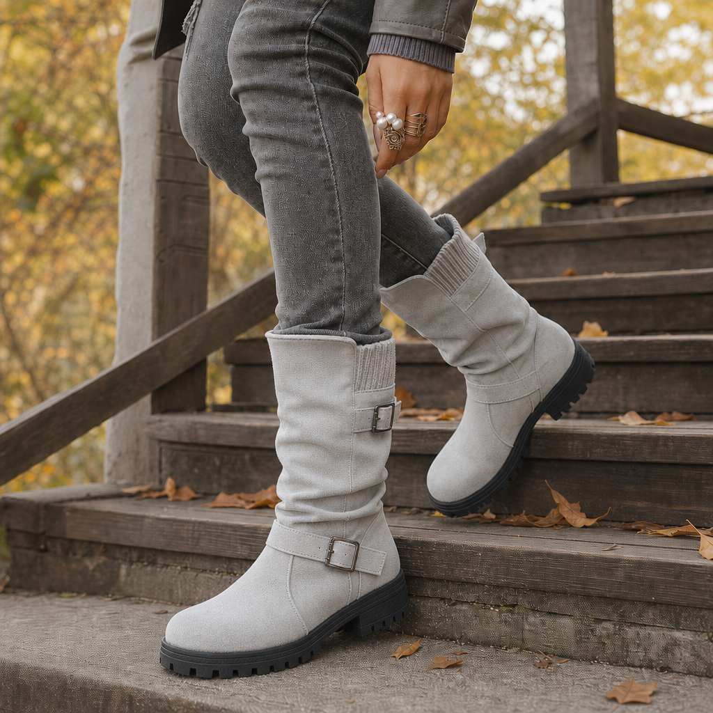 Women's Slouch Boots Mid-Calf Grip Sole Pull-On Ribbed Cuff