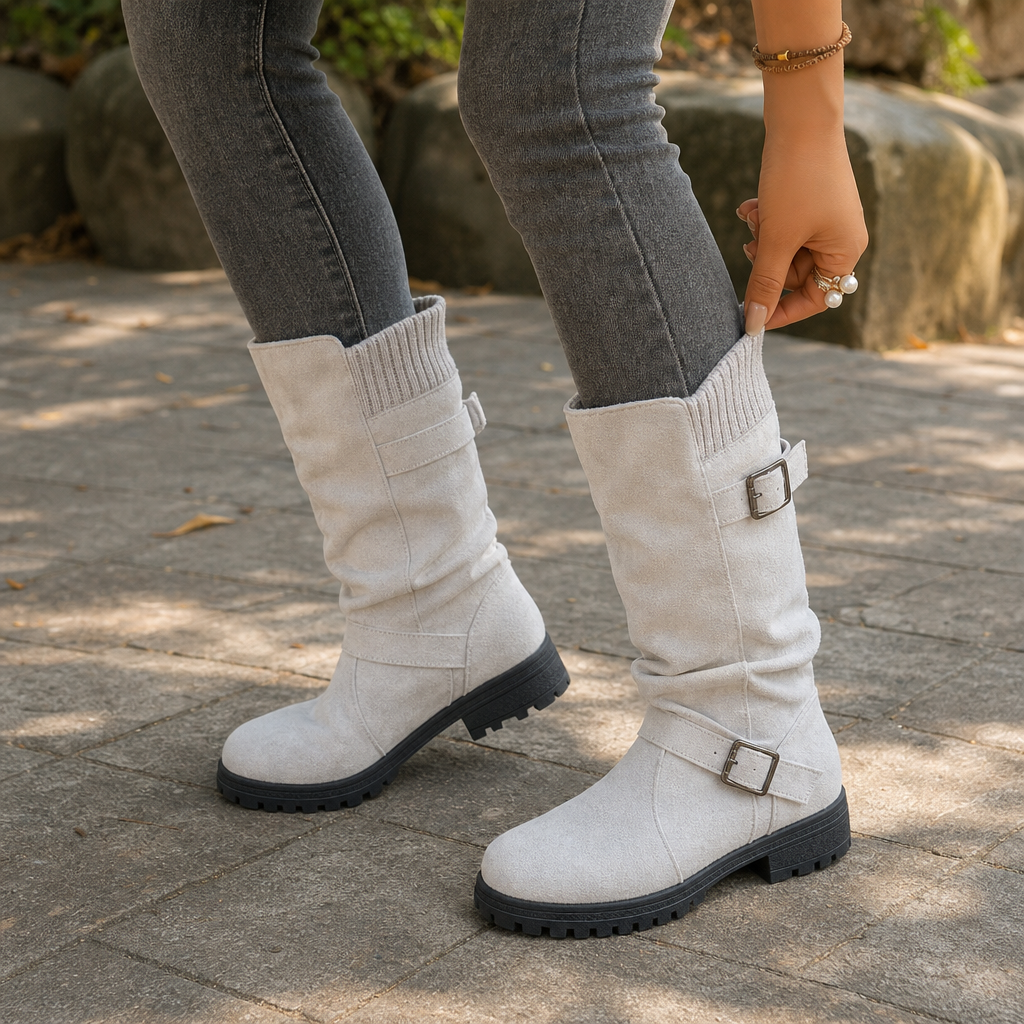 Women's Slouch Boots Mid-Calf Grip Sole Pull-On Ribbed Cuff