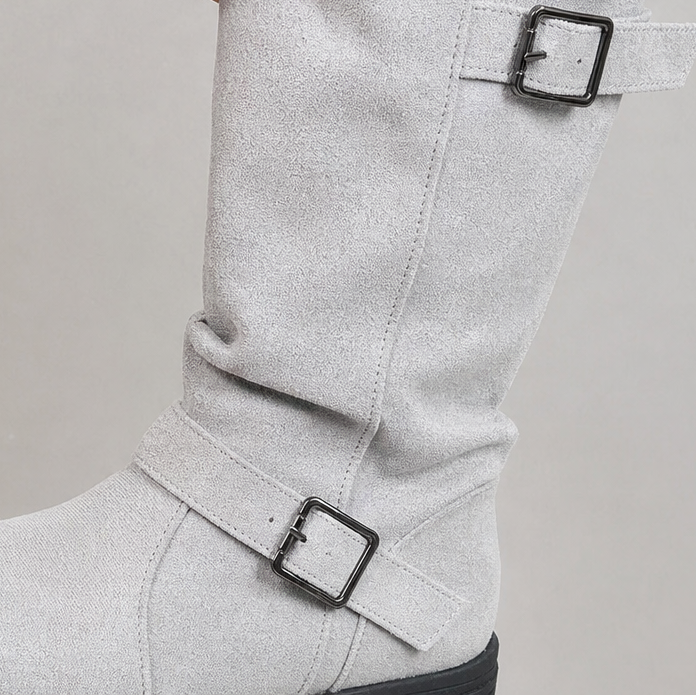 Women's Slouch Boots Mid-Calf Grip Sole Pull-On Ribbed Cuff