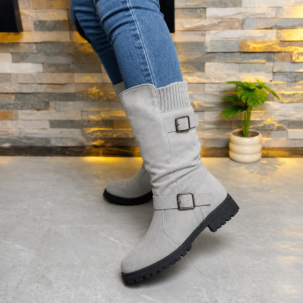 Women's Slouch Boots Mid-Calf Grip Sole Pull-On Ribbed Cuff