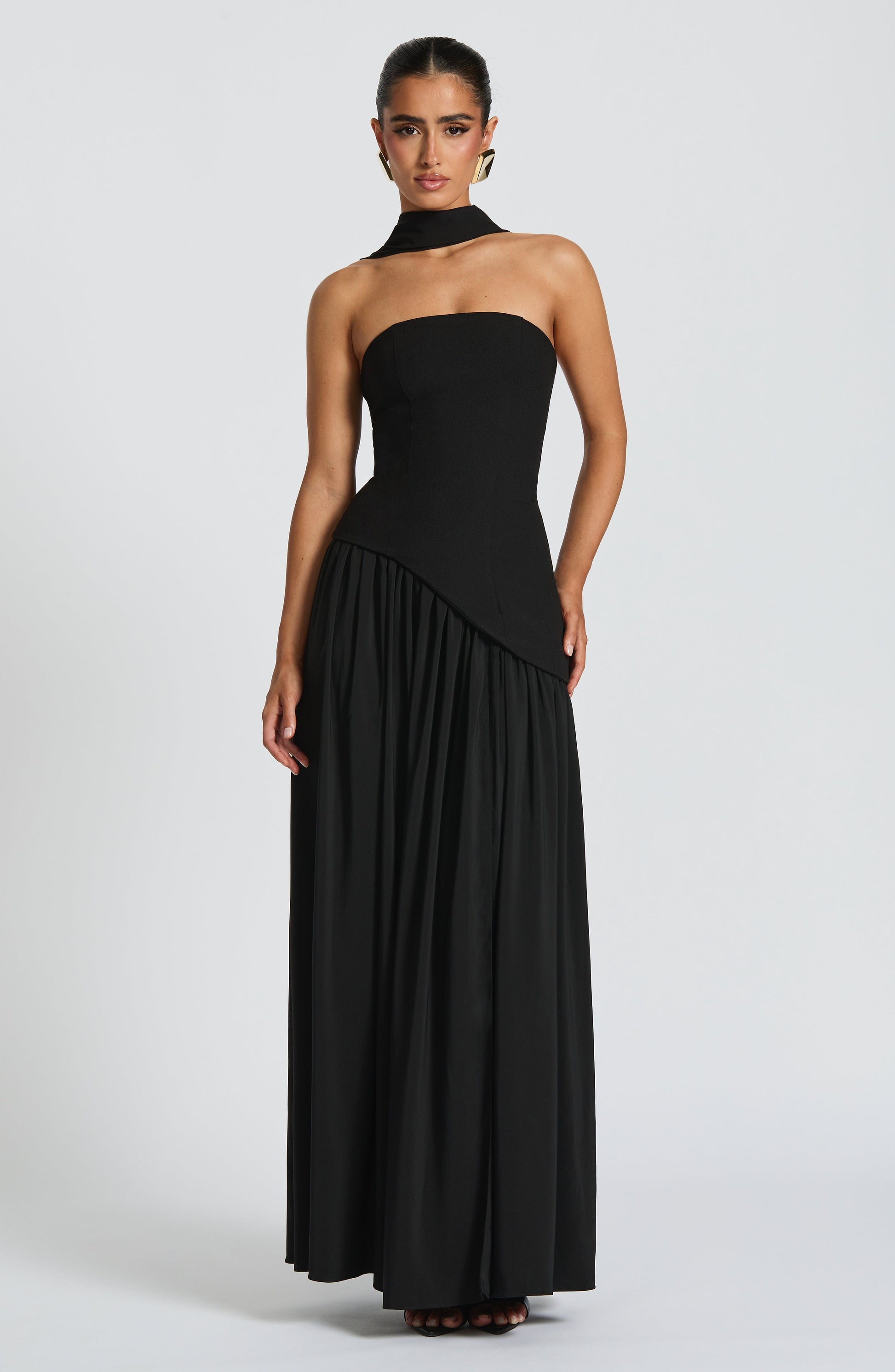 Women's Strapless Maxi Dress | Pleated Skirt & Asymmetric Waist Detail