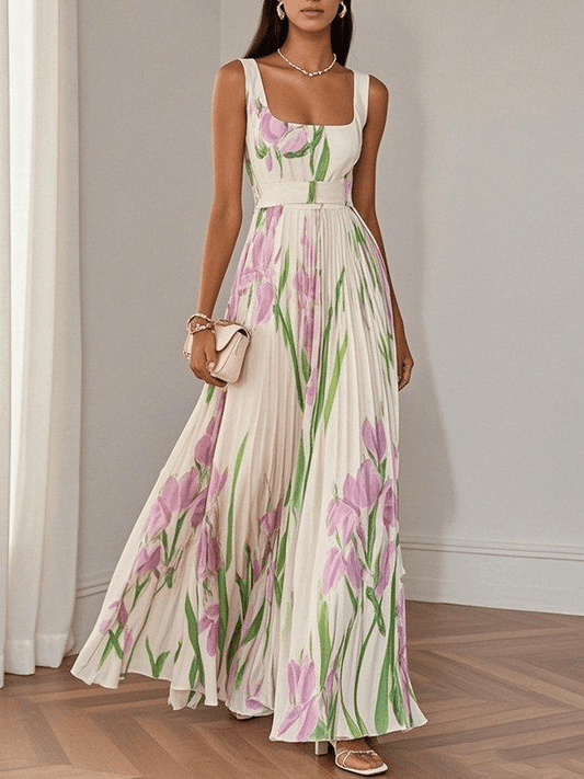 Women's Summer Maxi Dress | Floral Print & Pleated A-Line Skirt