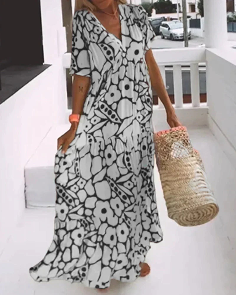 Women's Summer Maxi Dress | Floral Print V-Neck with Flutter Sleeves