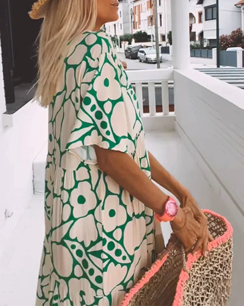 Women's Summer Maxi Dress | Floral Print V-Neck with Flutter Sleeves
