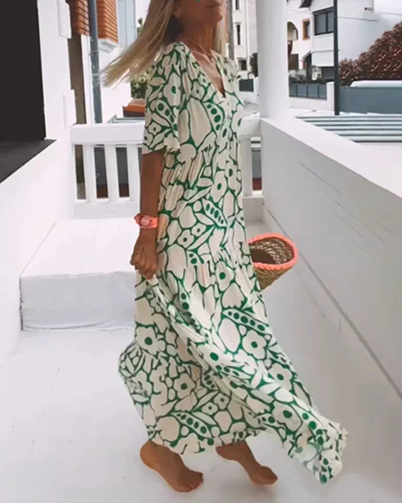 Women's Summer Maxi Dress | Floral Print V-Neck with Flutter Sleeves