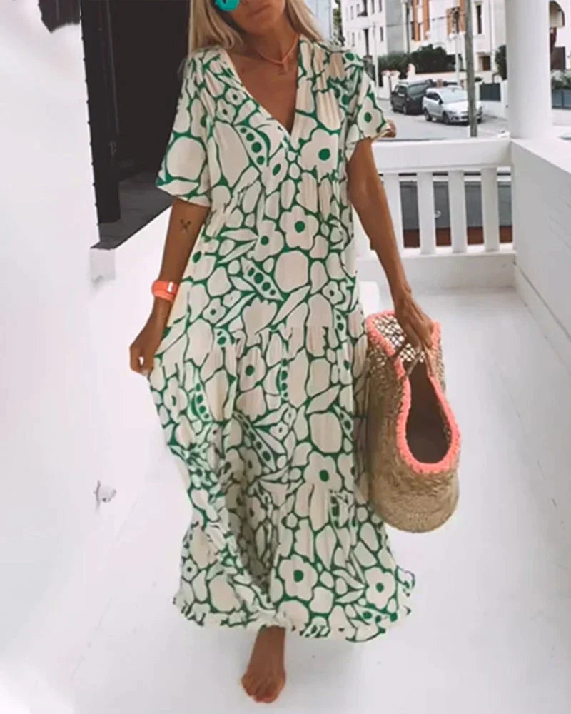 Women's Summer Maxi Dress | Floral Print V-Neck with Flutter Sleeves