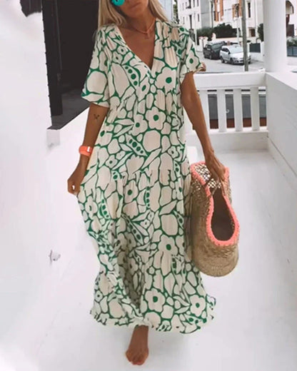 Women's Summer Maxi Dress | Floral Print V-Neck with Flutter Sleeves