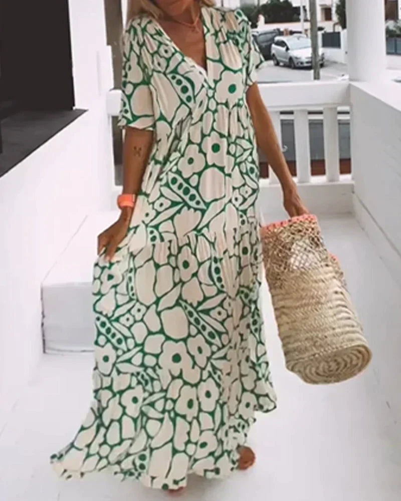 Women's Summer Maxi Dress | Floral Print V-Neck with Flutter Sleeves