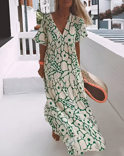Women's Summer Maxi Dress | Floral Print V-Neck with Flutter Sleeves