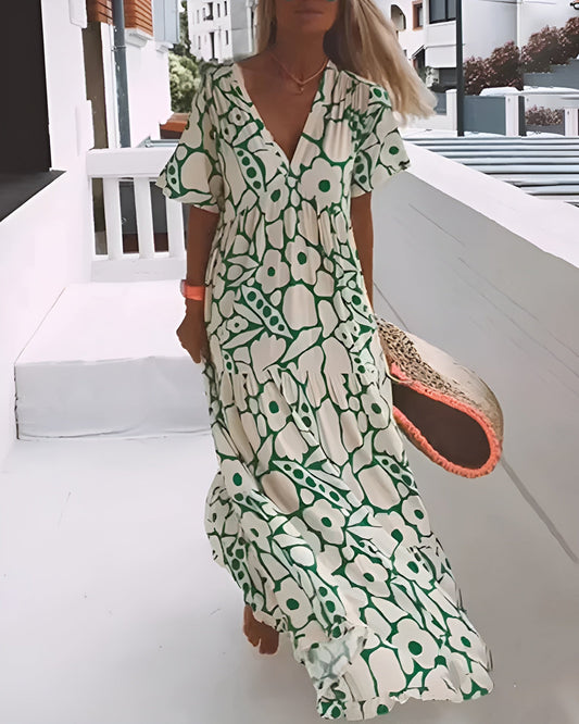 Women's Summer Maxi Dress | Floral Print V-Neck with Flutter Sleeves
