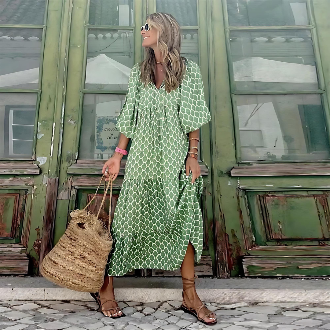 Women's Summer Maxi Dress | Printed V-Neck with Long Sleeves & Hem Slit