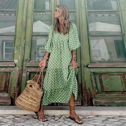 Women's Summer Maxi Dress | Printed V-Neck with Long Sleeves & Hem Slit