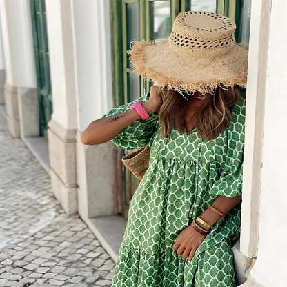 Women's Summer Maxi Dress | Printed V-Neck with Long Sleeves & Hem Slit