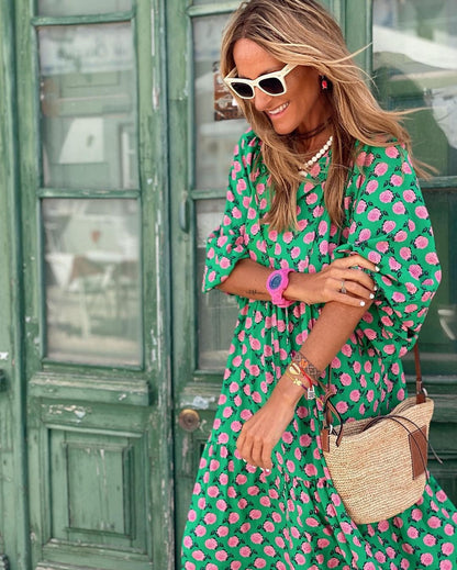 Women's Summer Maxi Dress | Printed V-Neck with Long Sleeves & Hem Slit