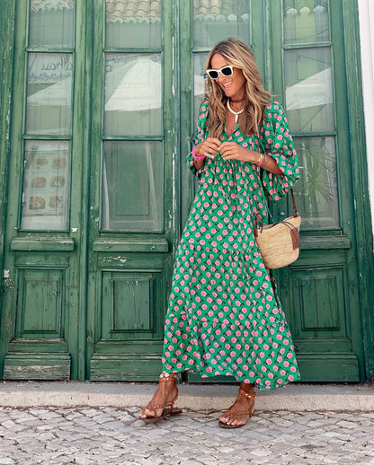 Women's Summer Maxi Dress | Printed V-Neck with Long Sleeves & Hem Slit
